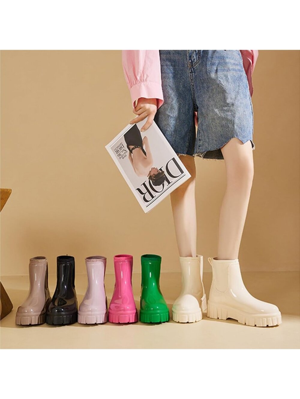 Women's Brown Comfortable Platform Rubber Chelsea Ankle Garden Short Rain Boots - Picture 2 of 5